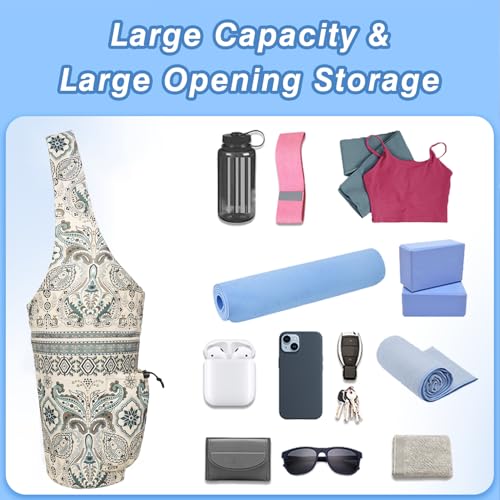 Yoga Mat Bag - Large Opening Long Tote Yoga Mat Carrier Holder Bag with Waterproof Wet Zipper Pocket and Drawstring Water Bottle Pocket - Yoga Bag Fit Most Size Mats - color: Indian Floral