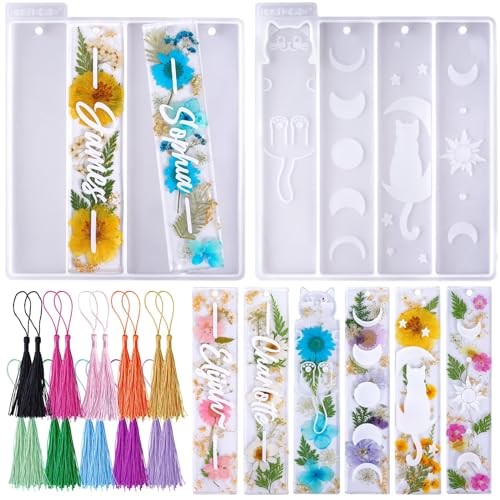 LET'S RESIN Bookmark Resin Molds Silicone 1.5'' Wide, Blank and Cat Moon Pattern Silicone Bookmarks Molds Kit with 20pcs Tassels, Rectangle Bookmark Molds for Epoxy Resin Casting Crafts - size: 2 style