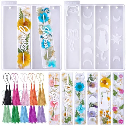 LET'S RESIN Bookmark Resin Molds Silicone 1.5'' Wide, Blank and Cat Moon Pattern Silicone Bookmarks Molds Kit with 20pcs Tassels, Rectangle Bookmark Molds for Epoxy Resin Casting Crafts - size: 2 style