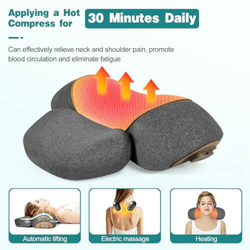 3-in-1 Neck Massager Pillow with Heat, Massage and Traction Stretching, Cervical Neck Shoulder Massager for Pain Relief, Deep Tissue, Ergonomic Design Pillow for Women/Men Home Office Use(Gray)