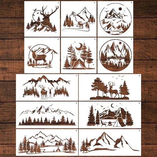 Keluna Forest Wood Burning Stencils - 12 Pcs Mountain Forest Stencils for Painting on Wood, Reindeer Forest Wall Stencils for Painting Large Pattern - style: mountain scenery