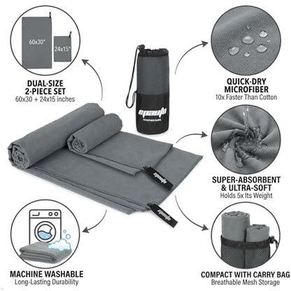 EPAuto 2-Pack Microfiber Quick Dry Travel Towel Set, Gray - color: Grey