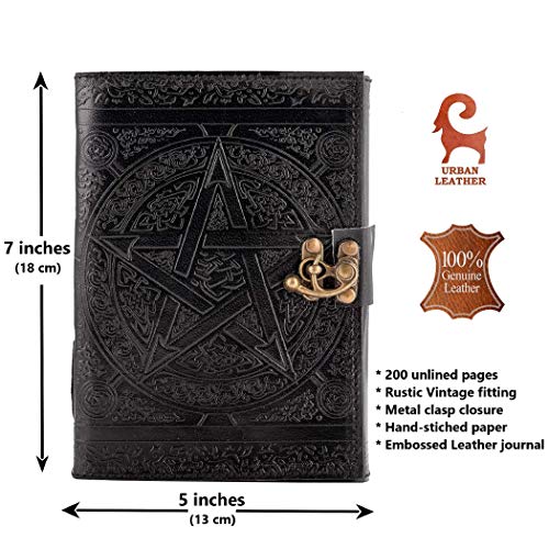 Vintage Leather Journal Black Book of Shadows Pentagram Gothic Star Pentacle Writing Notebook Goth Grimoire Wiccan Witch Pagan Gifts Decor Supplies, Unlined Pages