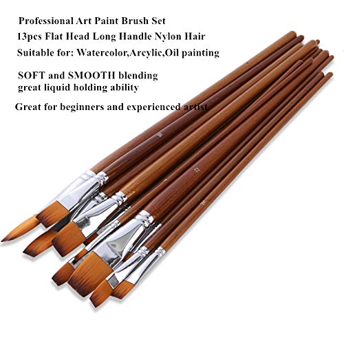 Watercolor Brushes, Paint Brushes 13pcs Long-Handled Flat Paintbrushes Large Artist Acrylic Paint Brush Set for Canvas Painting Oil/Gouache Arts Crafts Supplies