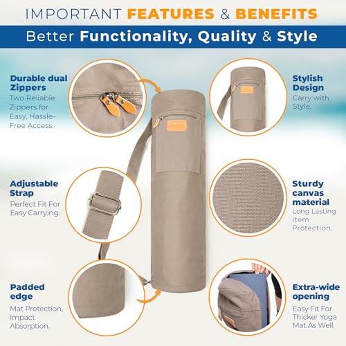 UDANA Canvas Yoga Mat Bag for Women & Men, Full-Zip Carrier with 3 Pockets & Adjustable Strap, Stylish Gym & Pilates Bag – Available in Multiple Sizes