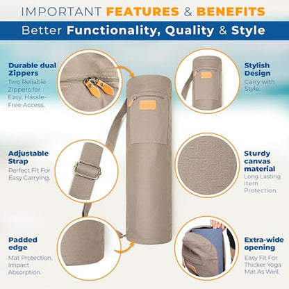 UDANA Canvas Yoga Mat Bag for Women & Men, Full-Zip Carrier with 3 Pockets & Adjustable Strap, Stylish Gym & Pilates Bag – Available in Multiple Sizes