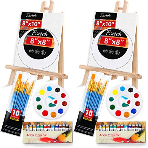 ESRICH Acrylic Paint Canvas Set, 52 PCS Painting Supplies Kit | 2 Wood Easel, 2 * 12 Colors, 20 Brushes, Circular Canvas, Paint Kit for Kids, Students, Artists and Beginner - color: 24Color, size: 52pack