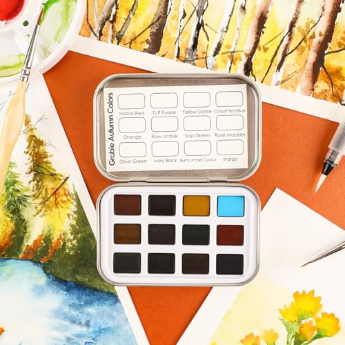 Grabie 12 Color Travel Watercolor Paint Set, Pocket Palette, Autumn | 12 Autumn Watercolor Colors, Pocket Compact Watercolor Palette For Sketching & Painting, Beginner-Friendly Paint Set - color: Autumn