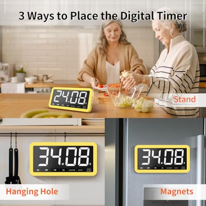 VOCOO Large 7.8" Digital Timer, Magnetic LED Timer for Kitchen & Classroom | USB-C Rechargeable, Up to 99 Hours Count Up & Countdown Timer with 3 Brightness Levels, 4 Alert Modes and 3 Volume Levels - color: Yellow