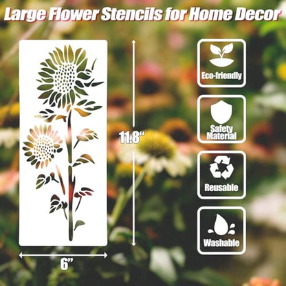 Flower Stencils for Painting, 6 Pcs 12 x 6 Inch for Wood Signs Canvas | Reusable & Easy to Clean, Botanical Patterns, Large Pattern Layouts, Painted Boards, Furniture Panels, Beginner Friendly - color: Large Flower