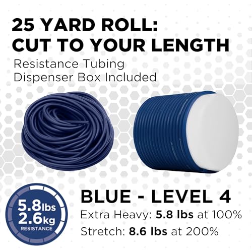 THERABAND Resistance Tubing, Exercise Band, Physical Therapy, 25', Blue | Latex resistance tubing where the color marks the resistance level, so you can step up as strength returns - color: Level 4 / Extra Heavy - Blue, size: 25 Foot