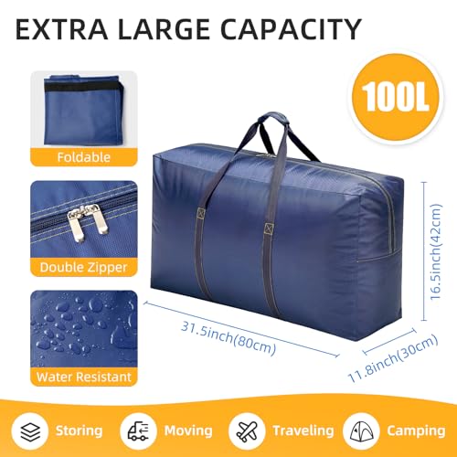Extra Large travel duffel bag with Strong Handles, 100L Waterproof duffel bag, Durable Zippers, Extra Large Storage Totes for Space Saving and Moving Supplies, Blue - color: Blue, size: M - 31.5″× 11.8″× 16.5″