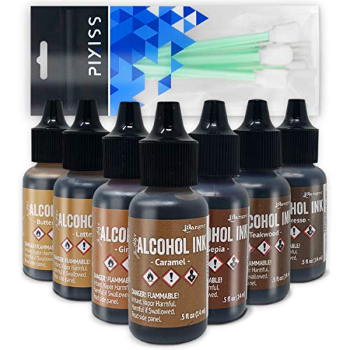 Brown Alcohol Inks Set | Tim Holtz Alcohol Inks Shades of Brown 7-Pack | Teakwood, Espresso, Latte, Ginger, Caramel, Sepia, Butterscotch | 10 Pixiss Alcohol Ink Blending Tools - color: Brown