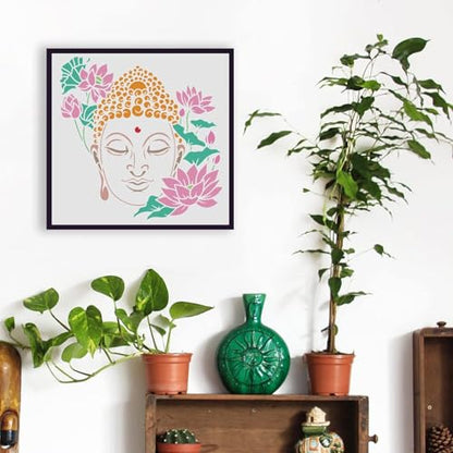 FINGERINSPIRE 9 Pcs Religious Pattern Stencils with a Brush 11.8x11.8Inch Buddha Painting Stencils Yoga Pattern Template PET Mandala Lotus Flower Template for Wood Wall Floor Tiles Furniture - style: Religious Mandala Buddha