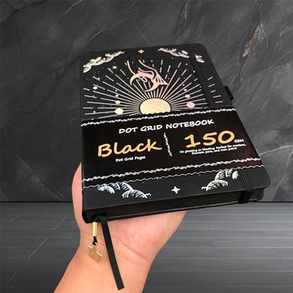 BUKE Dotted Journal - 150gsm Black Paper - 5 * 5mm DOT GRID Layout 160 Pages - A5 Size PU Leather Hardcover Drawing Sketch Notebook (Black) - color: Black