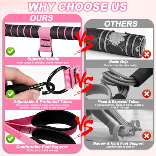 Pedal Resistance Band with Handles, 30-90LB Adjustable Thai Natural Rubber Resistance Bands, 3 Removable Covered Tubes, Full Body Workout Equipment for Abs Arms Legs Waist - color: Pink