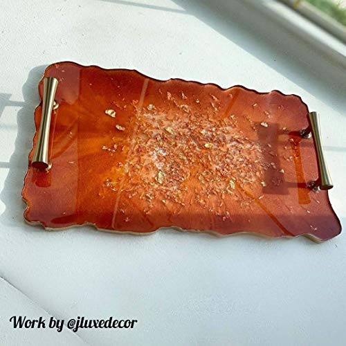 RESINWORLD Set of 2 Size 14‘‘ & 12'' XL Large Serving Tray Silicone Molds Epoxy Resin Geode Tray Mold with Gold & Silver Handles (Rectangle)