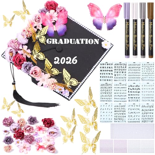 Lyrow 51 Pcs DIY Graduation Cap Decorations Kits Included Grad Cap Pens Faux Flowers Letter Number Stencils Rhinestones Stickers 3D Butterflies for Grad Hat Topper Decors Craft Art DIY(Purple) - color: Purple