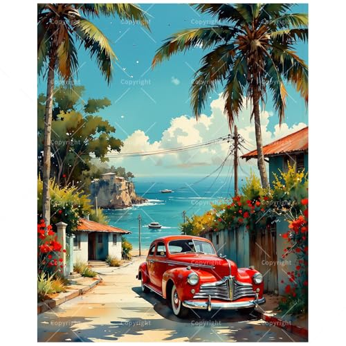 Vintage Car Paint by Numbers Kit for Adults - DIY Red Classic Car on Coastal Road Painting on Canvas, Acrylic Paint Set, Suitable for Beginners, Art for Home Decoration or Gifts(12X16IN Framed) - color: HSX00477, size: 12X16IN Framed