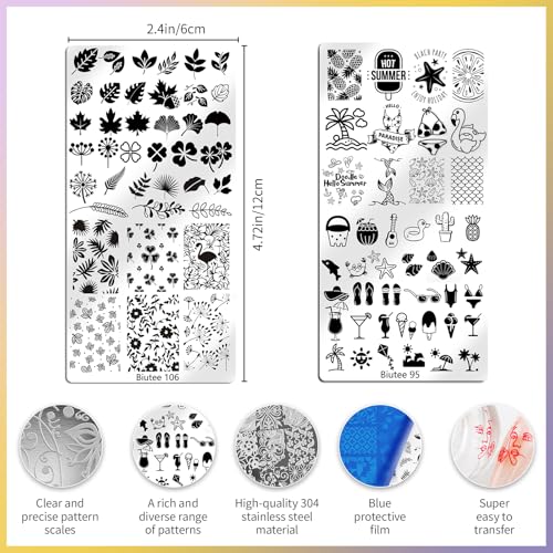 Biutee 12PCS Nail Stamping Plate Set 8PCS Stamping Nail Gel Polish | Nail Art Stamp Plates with Nail Stamper and Scraper, Butterfly Leaves Bow Design Nail Stamping Kit with Storage Bag - color: 24 Piece Set