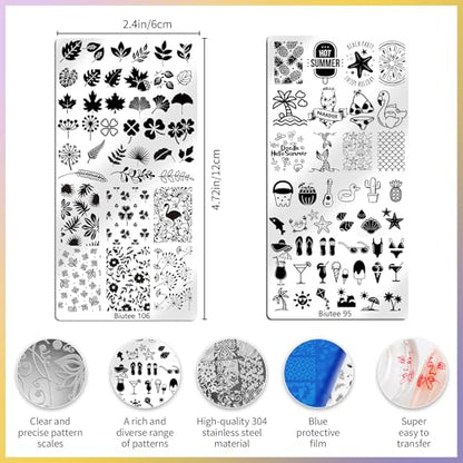 Biutee 12PCS Nail Stamping Plate Set 8PCS Stamping Nail Gel Polish | Nail Art Stamp Plates with Nail Stamper and Scraper, Butterfly Leaves Bow Design Nail Stamping Kit with Storage Bag - color: 24 Piece Set