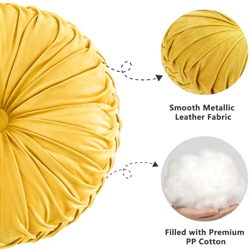 HIG Set of 2 Yellow Velvet Decorative Round Pleated Throw Pillows - color: Yellow