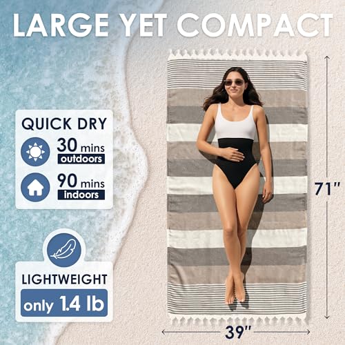 ATANI Turkish Beach Towel, Converts to a Bag, Oversized 100% Cotton Bath Towels Lightweight Quick-Dry Beach Blanket for Travel, Picnic, Camping, Yoga and Pool (Brown, 71 inc x 39 inc) - color: Brown, size: 71 inc x 39 inc