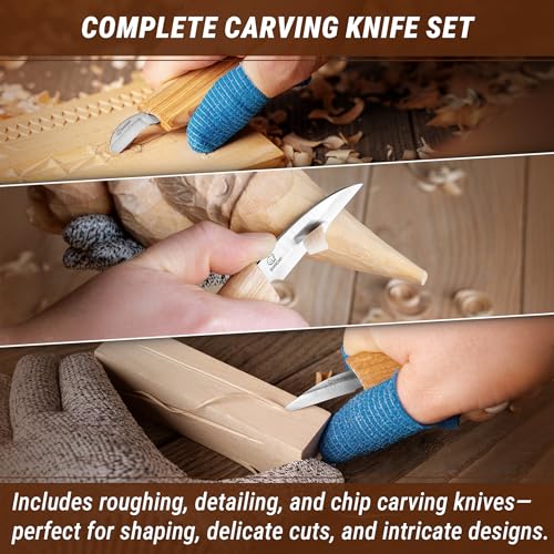 BeaverCraft Wood Carving Knife Kit S15 Whittling Kit for Beginners, Kids - Wood Carving Tools Set with Detail Chip Knife Sloyd Whittling Knives & Leather Strop, Polishing Compound and Tutorials