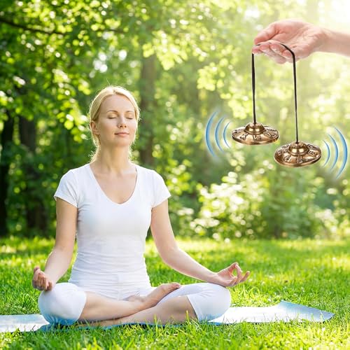 Foraineam Tingsha Cymbals Meditation Chime Bells, 2.5 Inch Brass Tibetan Tingsha Bells Relaxation Musical Instruments for Mindfulness, Chakra Healing, Stress Relief, Sound Awakening, Yoga Meditation