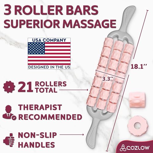 Triple Roller Massage Stick - Body Massager for Muscles - Fascia Rolling Tool - Deep Tissue Therapy for Myofascial Release and Lymphatic Drainage - Handheld Anti Cellulite Device - by Cozlow - color: Pink