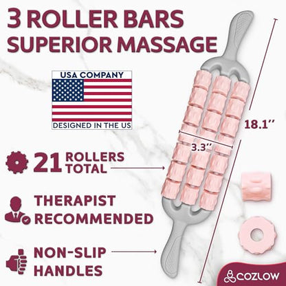 Triple Roller Massage Stick - Body Massager for Muscles - Fascia Rolling Tool - Deep Tissue Therapy for Myofascial Release and Lymphatic Drainage - Handheld Anti Cellulite Device - by Cozlow - color: Pink