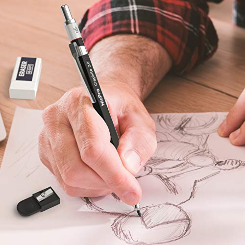 Nicpro 2mm Metal Mechanical Pencil Set with Case, 1PCS | Lead Pencil Holder 2.0 mm + 60PCS Lead Refills (4H 2H HB 2B 4B Color), 2mm Pencils for Drafting Writing Drawing Sketching - size: 1 Count (Pack of 1)