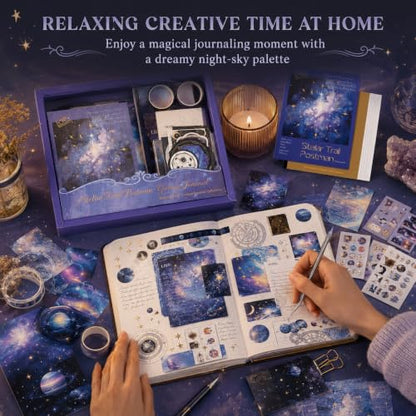 Diuhofart Star Trails Scrapbooking Kit, 128 Pcs Journal Set | Includes A6 notebook, galaxy papers, PET stickers, washi tape and ephemera for celestial journals, cards and memory books. - color: Star Trails Postman