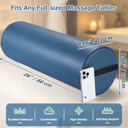 PU Leather Round Bolster Pillow, 26 x 9 In Massage Bolsters for Under Legs | Massage Knee Pillow with Strap Handle, Exercise Bolster for Legs Massage Table Roll Pillow Leg Bolster for Massage Table - color: 9“ Full Round - Blue
