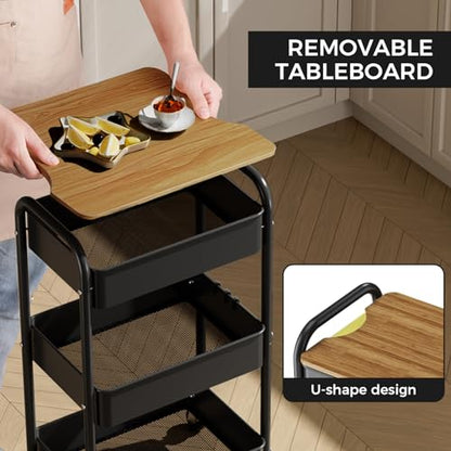 3-Tier Rolling Cart with Table Top, Metal Utility Cart on Wheels | Sturdy Storage Organizer Cart with Lockable Wheels&Hooks for Craft, Office, Classroom, Kitchen and Bathroom, Black - color: Black