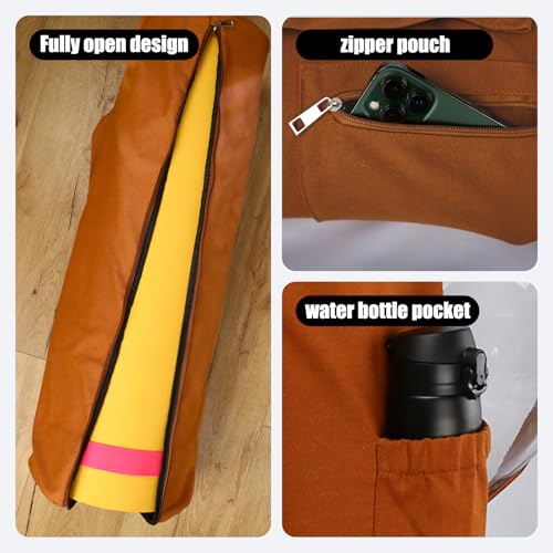 Cotton yoga mat bag with Pockets and Adjustable Strap - Full Zip Cargo Yoga Mat Carrier Bag - Bag for 1/4" 1/3" Thick Yoga Mat - color: Coffee, size: XL