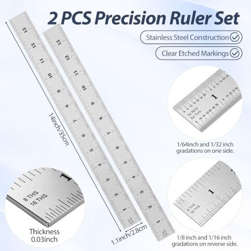 EBOOT 2 Pcs Stainless Steel Ruler Machinist Engineer Ruler with Markings 1/8, 1/16, 1/32, 1/64 Inch for Engineering, School, Office, Architect, and Drawing (14 Inch) - size: 14 Inch