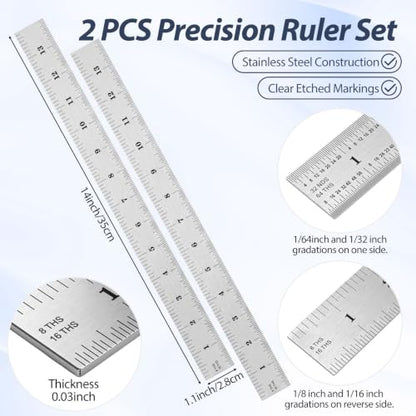 EBOOT 2 Pcs Stainless Steel Ruler Machinist Engineer Ruler with Markings 1/8, 1/16, 1/32, 1/64 Inch for Engineering, School, Office, Architect, and Drawing (14 Inch) - size: 14 Inch