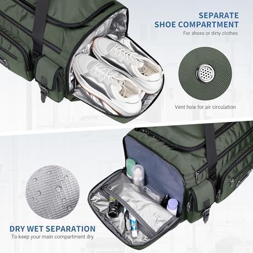 WITZMAN Duffle Bag for Men Large 55L Travel Duffel with Shoe Compartment | Water-resistant Nylon, Dry-wet Pocket, Fits 16" Laptop, Convertible for Gym, Weekender, Sports, Overnight, B717 Army Green - color: Army Green