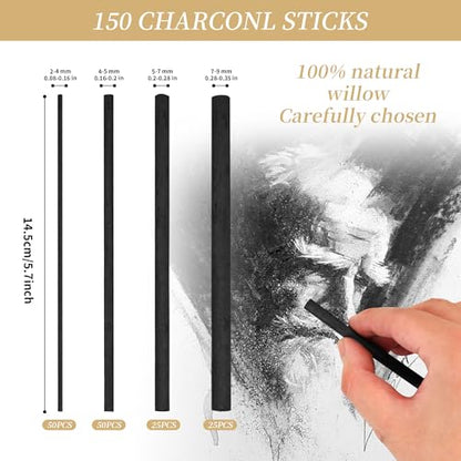150 Pcs Willow Charcoal Sticks, Soft Vine Charcoal Pencils | Artist Willow Charcoal Sticks for Drawing, Sketching, Shading, 5.7 Inch in Length, 2-9 mm in Diameter