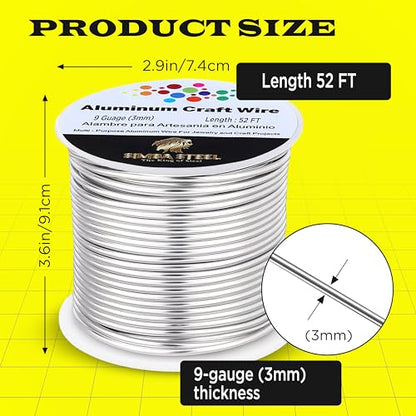 9 Gauge Aluminum Wire 52 Ft (Silver, 3mm), Metal Armature Wire for Sculpting, Aluminum Craft Material, Jewelry Making, Bendable for Crafts, Beading & Floral Design by Simba Steel - style: 9 Gauge x 52 FT