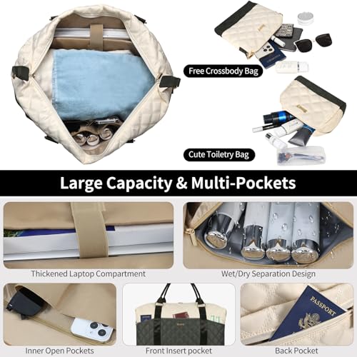 Weekender Bag, Large Travel Duffel Bag for Women, Carry on Overnight Bag with Shoe Compartment and Toiletry Bags - color: F-3PCS Beige Green