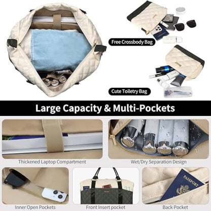 Weekender Bag, Large Travel Duffel Bag for Women, Carry on Overnight Bag with Shoe Compartment and Toiletry Bags - color: F-3PCS Beige Green
