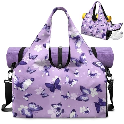 Yoga Mat Bag for Men Women Canvas Yoga Mat Carrier Take In Out Mat Easily for Beach Swim Bags Pool Sports Gym - color: Butterfly blue