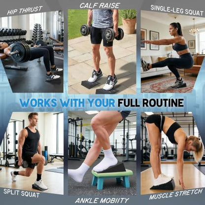 Squat Wedge for Heel Elevated Squats: Portable Non-Slip Blocks with Instructions for Leg & Glutes Exercises - Improve Squat Depth, Knee Mobility, Keep Proper Form for Home, Gym & Studio