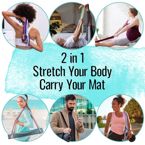 TECEUM 2 IN 1 Yoga & Mat Strap for Stretching – Cotton – 6/8/10 ft | Adjustable Non-Slip Belt in 30+ Colors for Yoga, Pilates, Physical Therapy, Fitness, Home Workouts and Carrying Mats - color: Blue, size: 6 ft