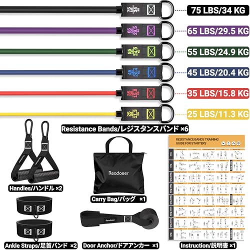 READAEER Resistance Bands, 10-150 LBS Exercise Bands with Handles, Ankle Straps & Door Anchor, Adjustable Workout Bands for Full Body Strength Training, Home, Gym & Travel - size: 25-300LBS