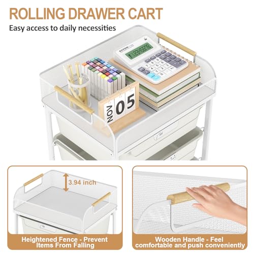 SYKIARIOL 4-Drawer Rolling Storage Cart with Mesh Top,White | Utility Craft Organizer Cart on Wheels with 4 DIY Labels, Rolling Drawer Cart for Home Office Classroom Bedroom - color: Cream White