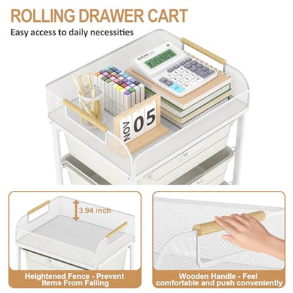 SYKIARIOL 4-Drawer Rolling Storage Cart with Mesh Top,White | Utility Craft Organizer Cart on Wheels with 4 DIY Labels, Rolling Drawer Cart for Home Office Classroom Bedroom - color: Cream White