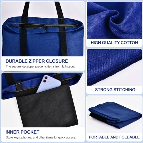 Canvas Tote Bag with Zipper for Women, Halloween Trick or Treat Bags Bulk | 13.8" x 15.3" Fashionable Two-Tone Cotton Tote Bag for Crafts, DIY Your Creative Designs - color: [A1] Blue / Black